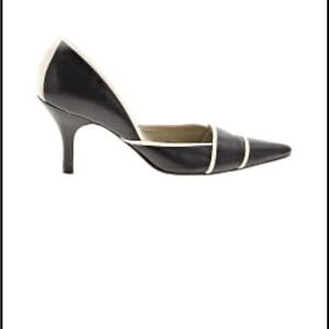 Ann Taylor Factory Black Pointed-Toe Kitten Heel Pumps with Cream Trim
